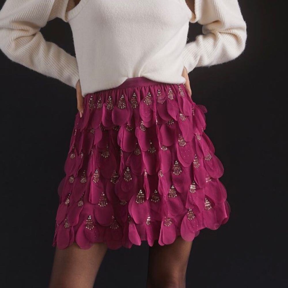 Anthropologie Not So Serious Burgundy Purple Beaded Sequins Tier Mini Skirt XS
